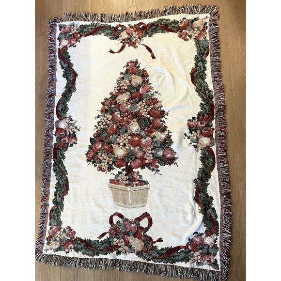 Vintage Christmas Tapestry Blanket Throw Afghan Topiary Tree Ribbon 47"x 66" - Picture 1 of 5